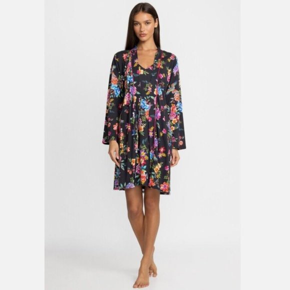 Johnny Was Sognatore Neros Sleep Robe Home Lounge Wear Floral Cotton Black New